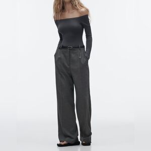 Zara EUC Wide Leg Trousers Grey & Tan Plaid Tweed Cashmere Feel! Luxe XL